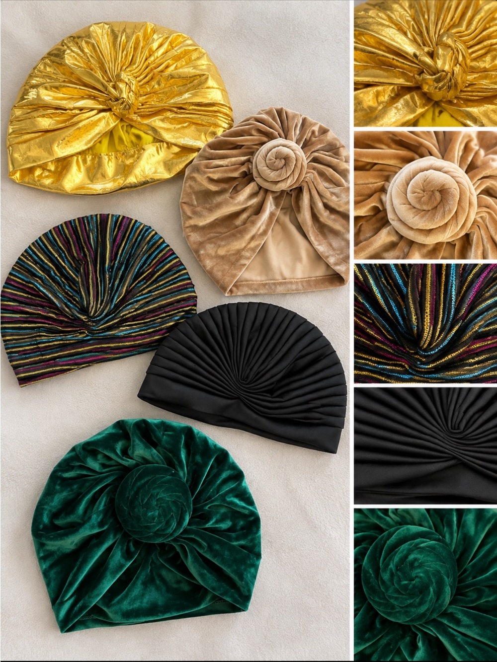 Set of 5 Fashion Turban Headwraps – Velvet, Metallic & Pleated